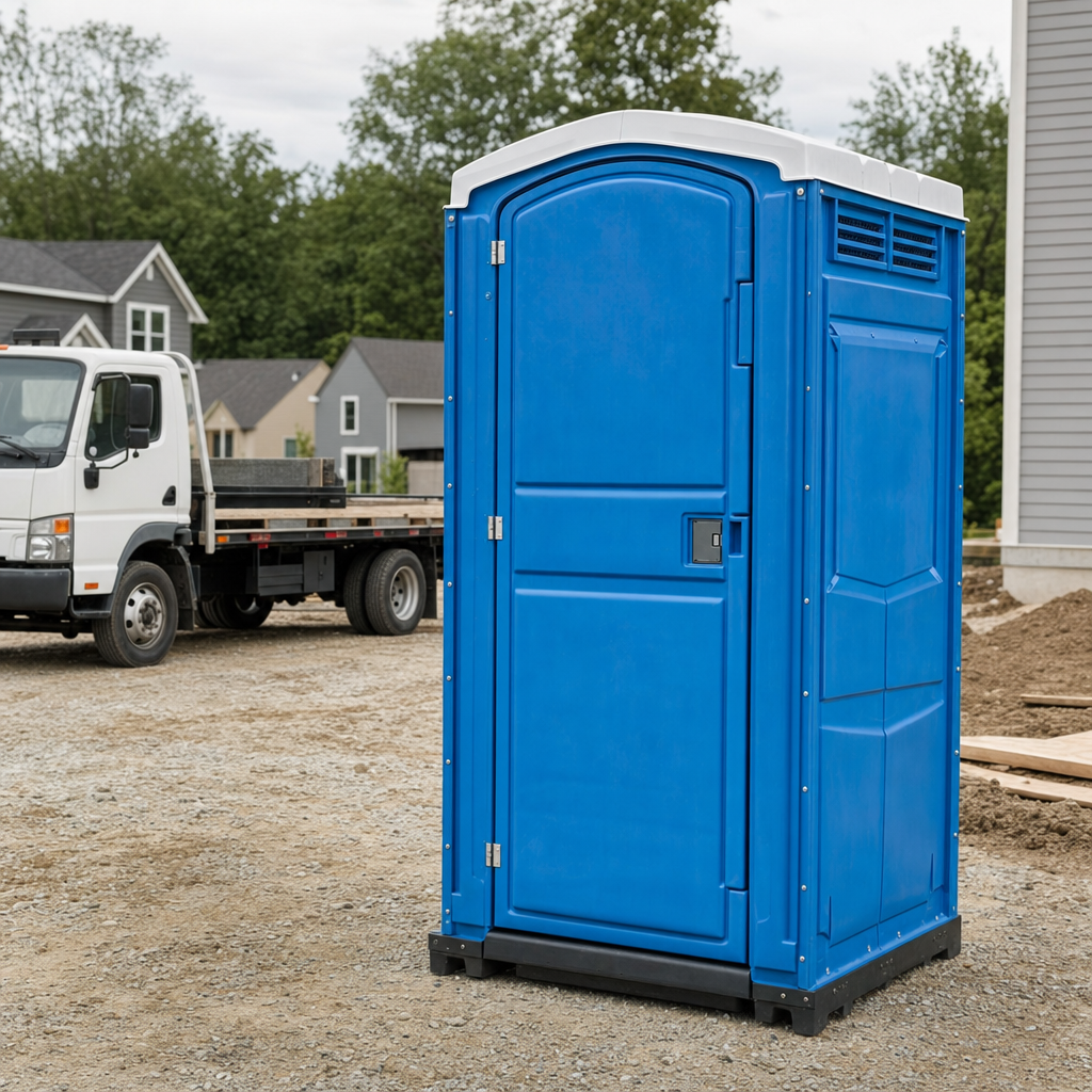 Delivery driver positioning a clean royal-blue portable toilet on level ground at a Albuquerque worksite