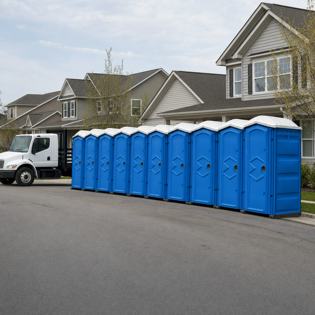 Royal blue portable toilets staged in a tidy row at a Albuquerque jobsite, ready for delivery