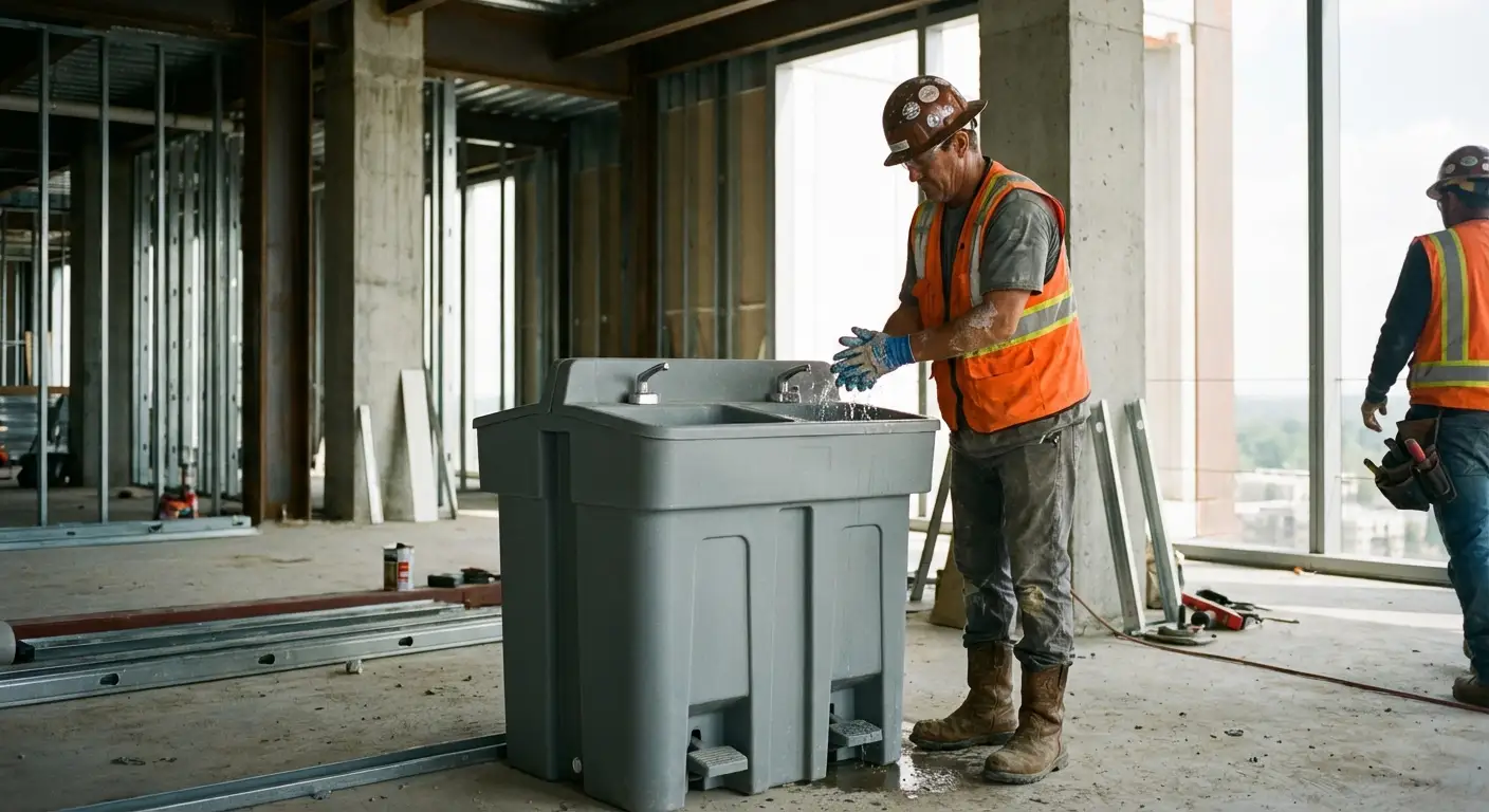 A dual-basin hand wash station positioned on a concrete floor of a high-rise construction site with the city skyline visible through open steel framing. in Albuquerque, NM