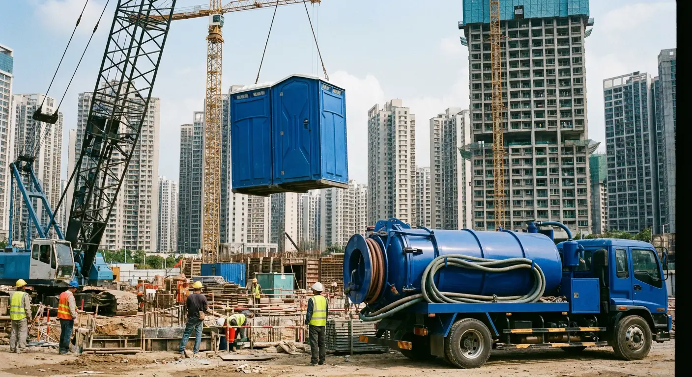 A High-Rise Crane Liftable Toilet unit suspended in mid-air by a crane against a city skyline during the day, showcasing the steel sling attachment. in Albuquerque, NM
