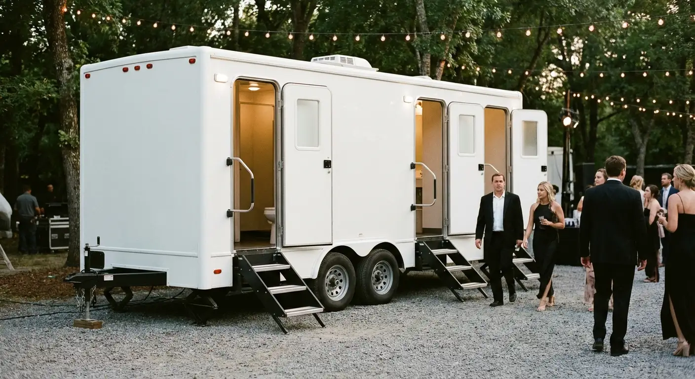 Exterior of a Luxury Restroom Trailer at an evening event, warm lighting spilling from the door, positioned discreetly near a manicured lawn. in Albuquerque, NM