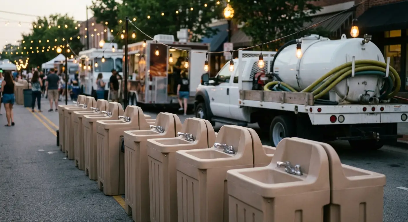 A row of clean, grey portable hand wash stations set up on pavement near food trucks, with blurred festival lights and crowd in the background. in Albuquerque, NM