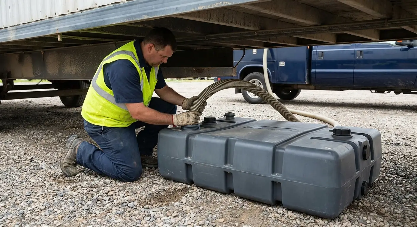 Sandia Portable Restrooms vacuum truck servicing a waste holding tank at a construction site in Albuquerque, NM