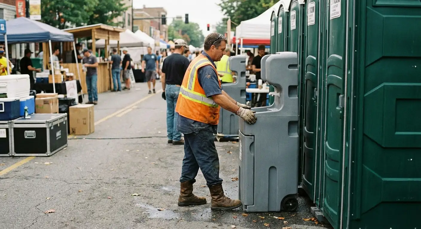 A row of pristine Special Event Portable Restrooms and hand wash stations lined up along a festival barrier with blurred crowds in the background. in Albuquerque, NM