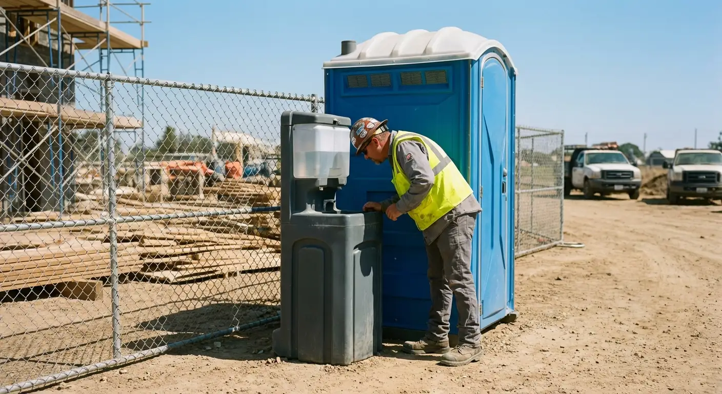 A close-up view of a portable hand wash station next to a portable toilet on a dirt construction site, focusing on the foot pump mechanism. in Albuquerque, NM